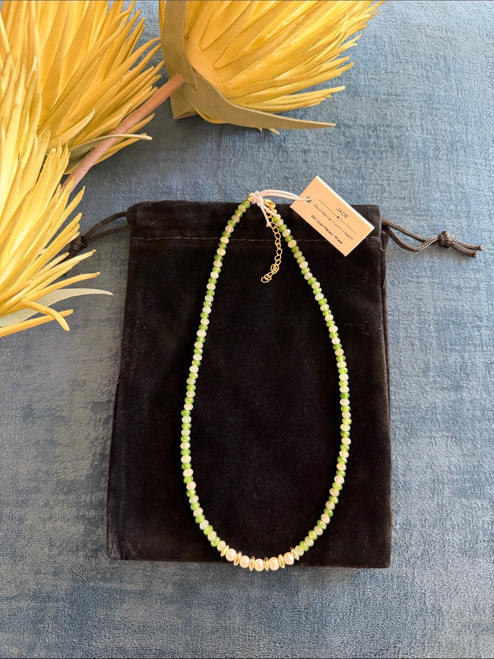 Delicate Jade Necklace with 18K Gold Plated and Pearl Accents